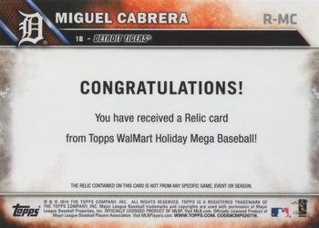 2016 Topps Holiday - Relics #R-MC Miguel Cabrera Back