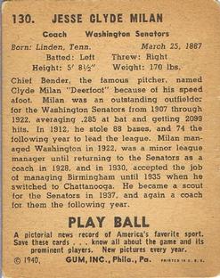 1940 Play Ball #130 Clyde Milan Back