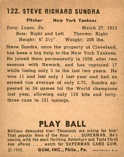 1940 Play Ball #122 Steve Sundra Back