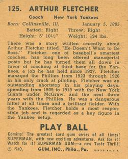 1940 Play Ball #125 Art Fletcher Back