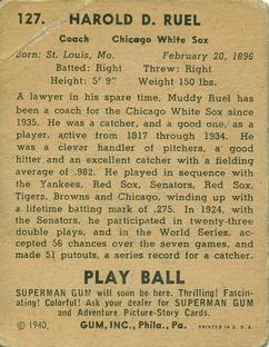 1940 Play Ball #127 Muddy Ruel Back