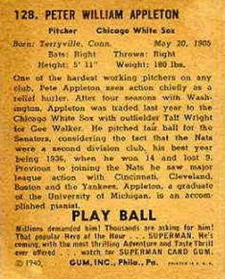 1940 Play Ball #128 Pete Appleton Back
