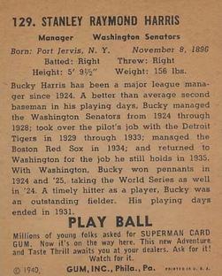 1940 Play Ball #129 Bucky Harris Back