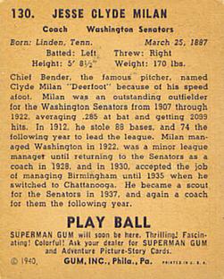 1940 Play Ball #130 Clyde Milan Back