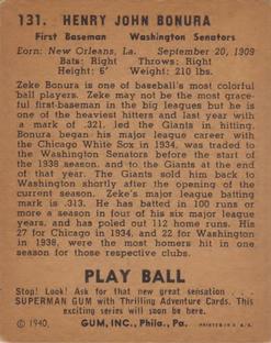 1940 Play Ball #131 Zeke Bonura Back
