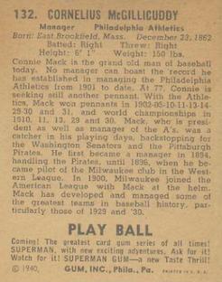 1940 Play Ball #132 Connie Mack Back