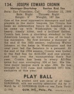 1940 Play Ball #134 Joe Cronin Back