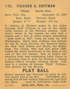 1940 Play Ball #140 Dick Coffman Back