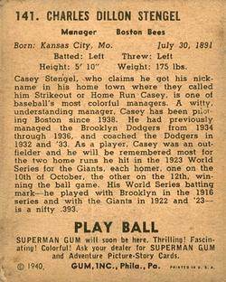 1940 Play Ball #141 Casey Stengel Back