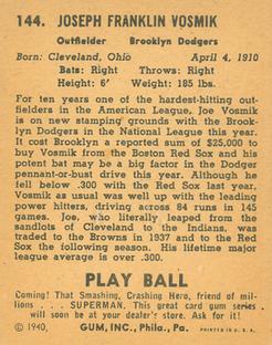 1940 Play Ball #144 Joe Vosmik Back