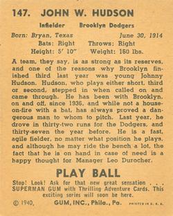 1940 Play Ball #147 Johnny Hudson Back