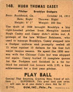 1940 Play Ball #148 Hugh Casey Back