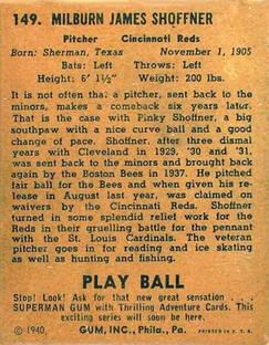 1940 Play Ball #149 Milburn Shoffner Back