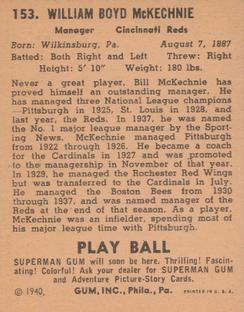 1940 Play Ball #153 Bill McKechnie Back
