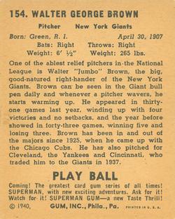 1940 Play Ball #154 Jumbo Brown Back