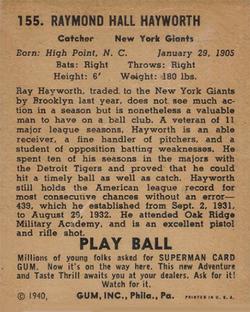 1940 Play Ball #155 Ray Hayworth Back