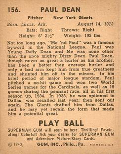 1940 Play Ball #156 Daffy Dean Back
