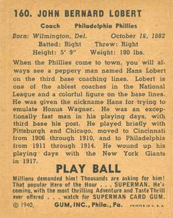 1940 Play Ball #160 Hans Lobert Back
