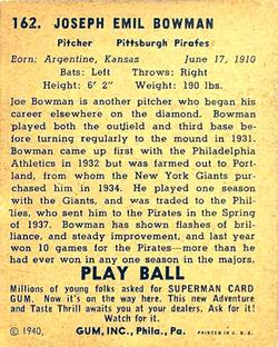 1940 Play Ball #162 Joe Bowman Back