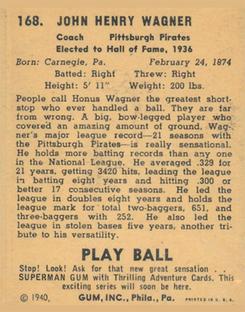 1940 Play Ball #168 Honus Wagner Back