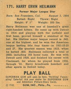 1940 Play Ball #171 Harry Heilmann Back