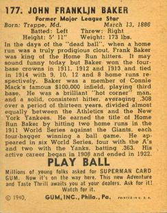 1940 Play Ball #177 Frank Baker Back
