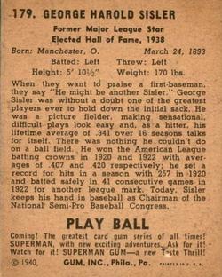 1940 Play Ball #179 George Sisler Back