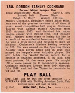 1940 Play Ball #180 Mickey Cochrane Back