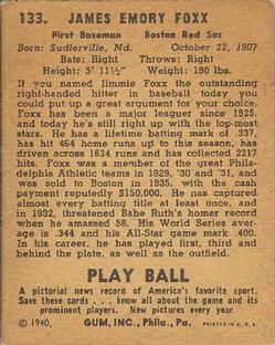 1940 Play Ball #133 Jimmie Foxx Back