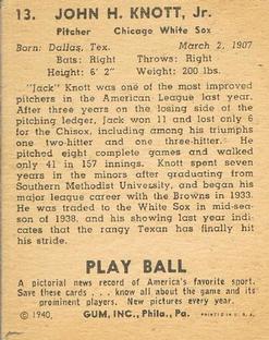 1940 Play Ball #13 Jack Knott Back