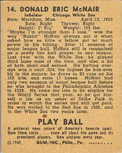 1940 Play Ball #14 Eric McNair Back