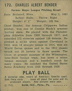 1940 Play Ball #172 Chief Bender Back