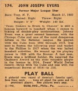 1940 Play Ball #174 Johnny Evers Back