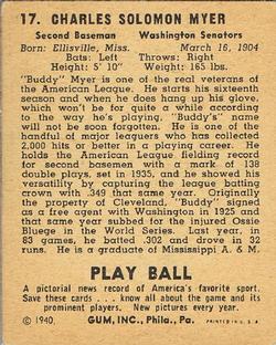 1940 Play Ball #17 Buddy Myer Back