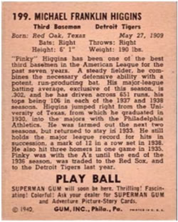 1940 Play Ball #199 Pinky Higgins Back