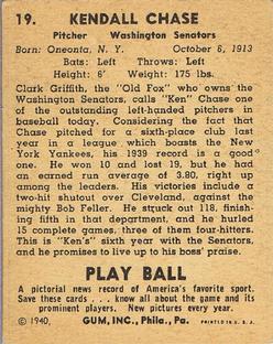 1940 Play Ball #19 Ken Chase Back