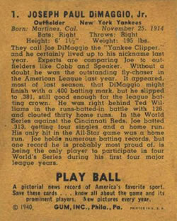 1940 Play Ball #1 Joe DiMaggio Back