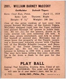 1940 Play Ball #201 Barney McCosky Back