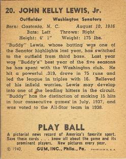1940 Play Ball #20 Buddy Lewis Back