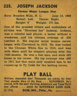 1940 Play Ball #225 Shoeless Joe Jackson Back