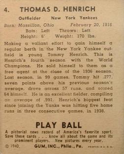 1940 Play Ball #4 Tommy Henrich Back