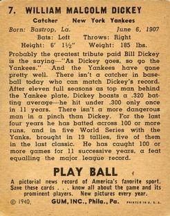 1940 Play Ball #7 Bill Dickey Back