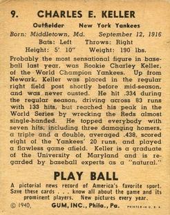1940 Play Ball #9 Charlie Keller Back