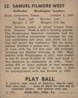 1940 Play Ball #22 Sam West Back