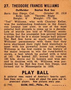 1940 Play Ball #27 Ted Williams Back