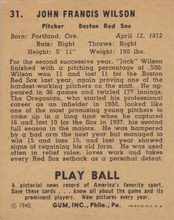 1940 Play Ball #31 Jack Wilson Back