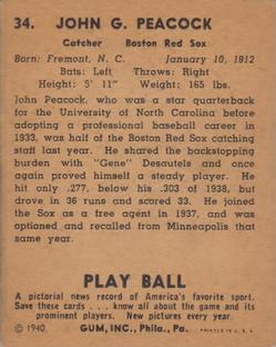 1940 Play Ball #34 John Peacock Back