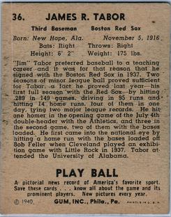 1940 Play Ball #36 Jim Tabor Back