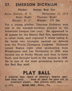 1940 Play Ball #37 Emerson Dickman Back
