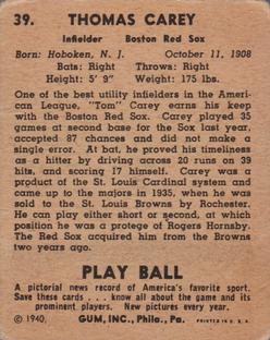 1940 Play Ball #39 Tom Carey Back